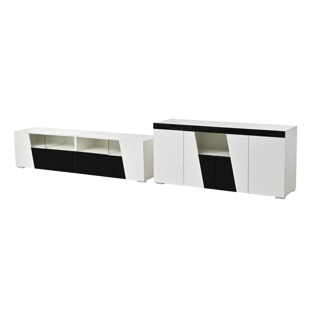Mobile TV con LED e sideboard bianco e nero in MDF; 180 cm e 140 cm