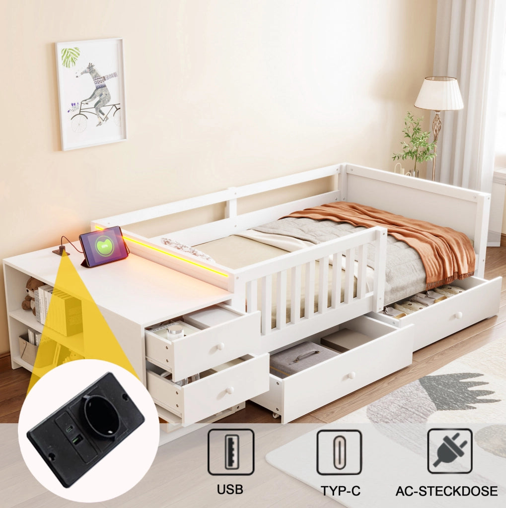 Letto a soppalco per bambini 90x200 cm con contenitore separato; LED e presa; bianco