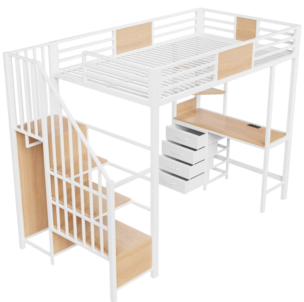 Letto a soppalco 90x200 con scrivania, ripiani, appendiabiti e LED
