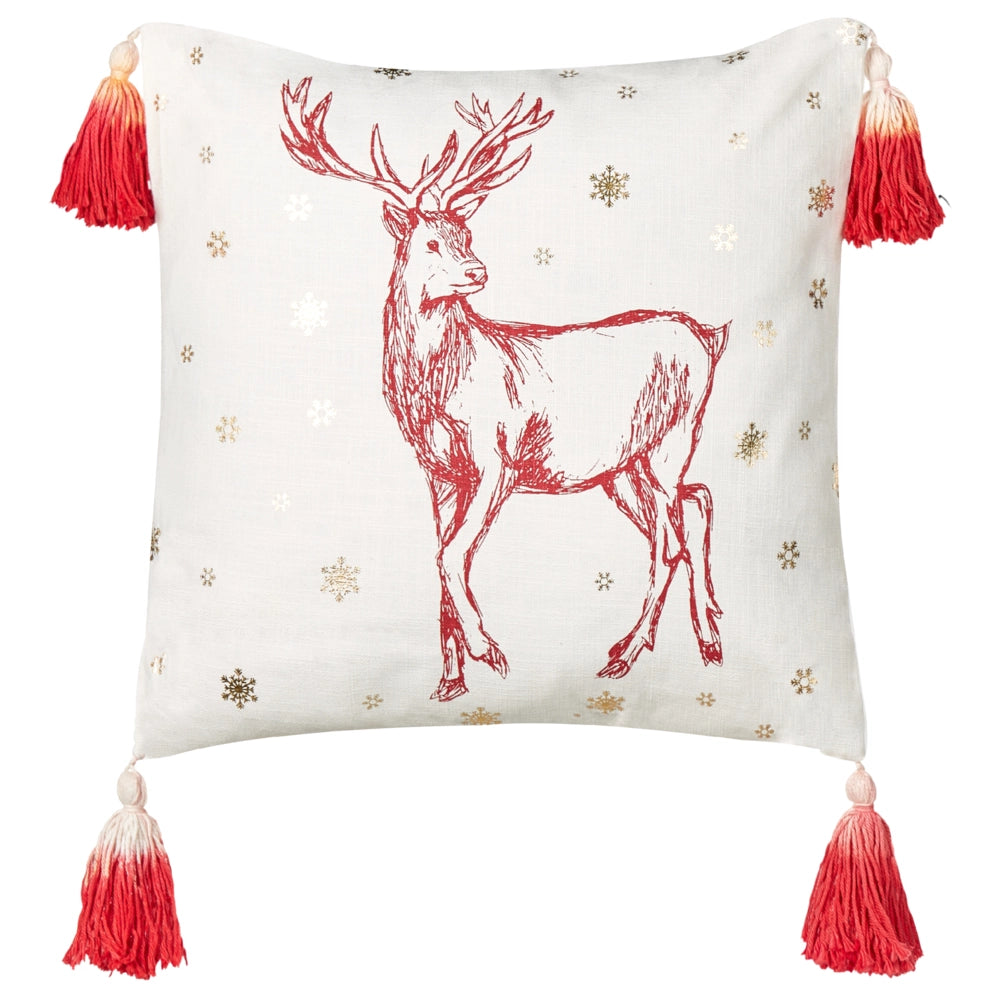 Set di 2 cuscini decorativi in cotone bianco rosso 45 x 45 cm Motivo natalizio Stampa renne Nappe Accessori Decorazione festiva