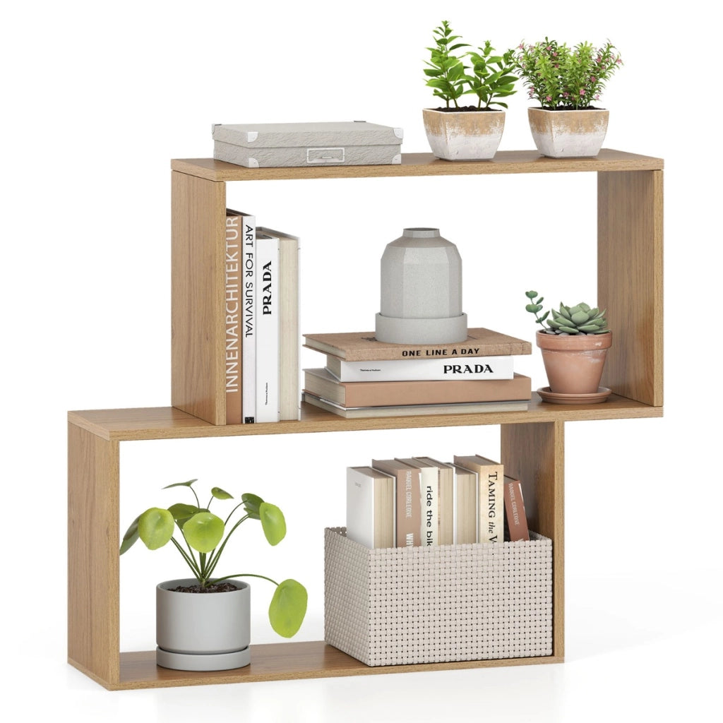 Libreria in legno autoportante con 2 scomparti cubici per esposizione e organizzazione, Libreria geometrica a 3 livelli Naturale-Librerie