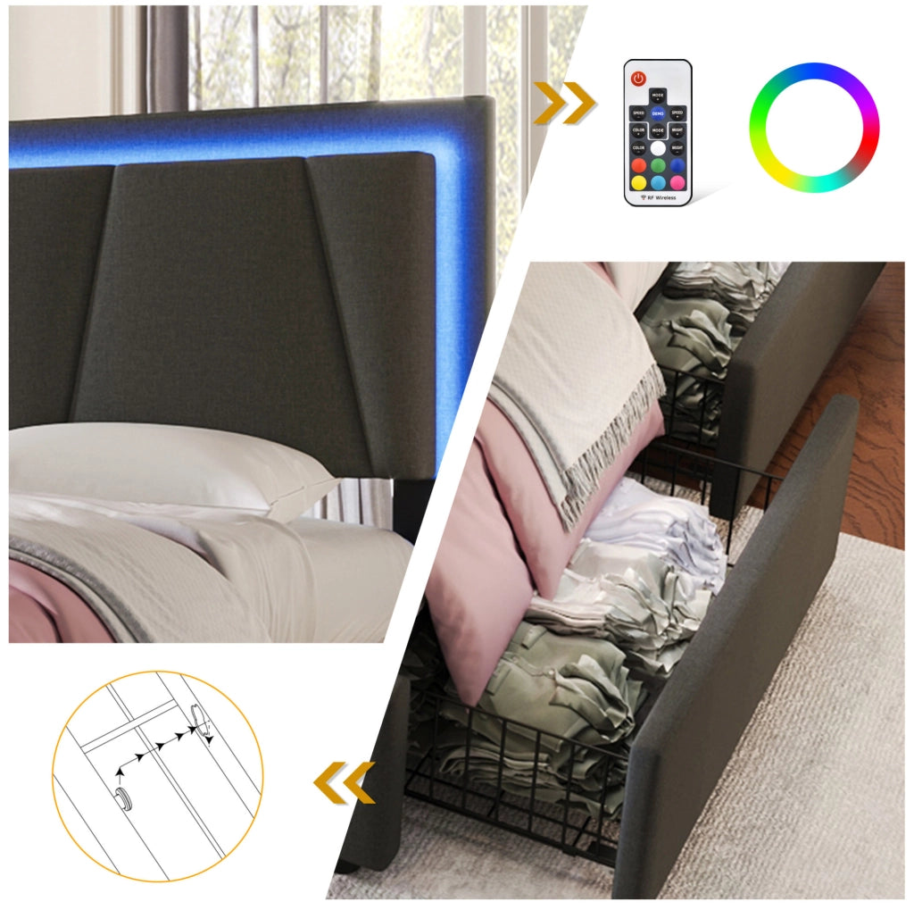 Letto matrimoniale 140x200 cm con LED; testiera regolabile e 4 cassetti; grigio
