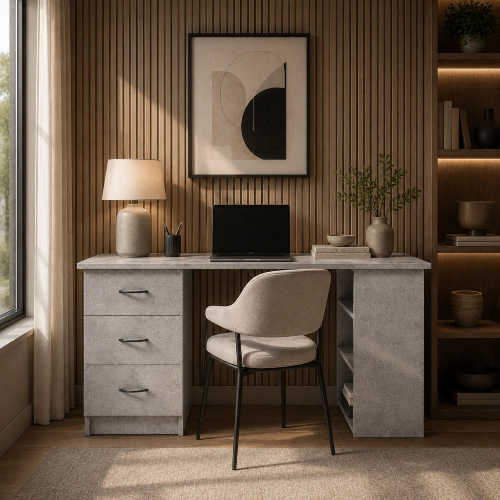 Scrivania Per Studio Con 3 Cassetti E 3 Vani A Giorno Scrittoio In MDF Resistente Dallo Stile Minimal Per Ufficio Cameretta E Smart Working 120 x 49 x 72 Cm Grigio Cemento