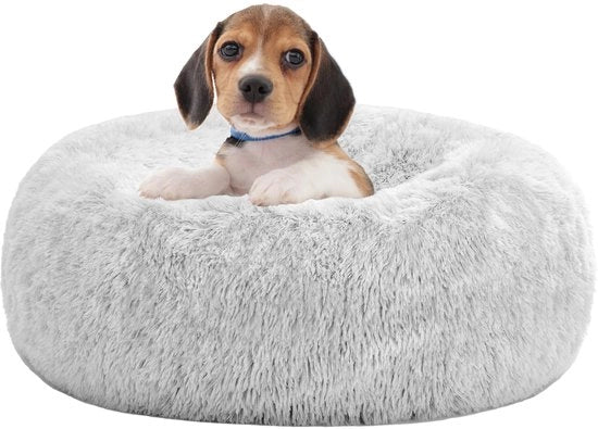 Cuscino per cani in forma di donut con base rotonda, 60 cm di diametro, colore grigio chiaro, lavabile.
