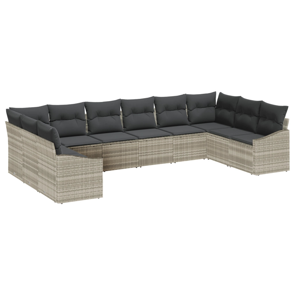 Set di divano da giardino 10 pezzi con cuscini Grigio chiaro Polyrattan