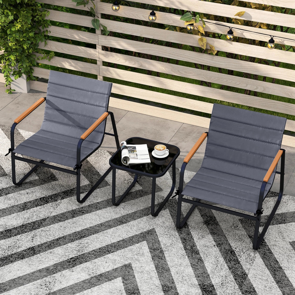 Set bistrò 3 pezzi patio esterno vetro temperato cuscino rimovibile metallo robusto-Set da conversazione mobili per terrazza giardino cortile
