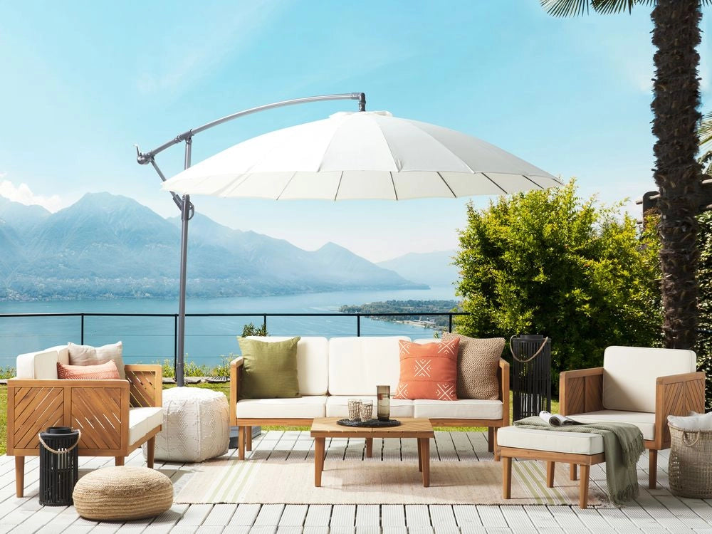 Set divani da giardino in legno di acacia cuscini beige chiaro 6 posti salotto da esterno design moderno