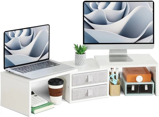 Stand per due monitor regolabile con ripiano - Scaffale per due monitor in legno bianco
