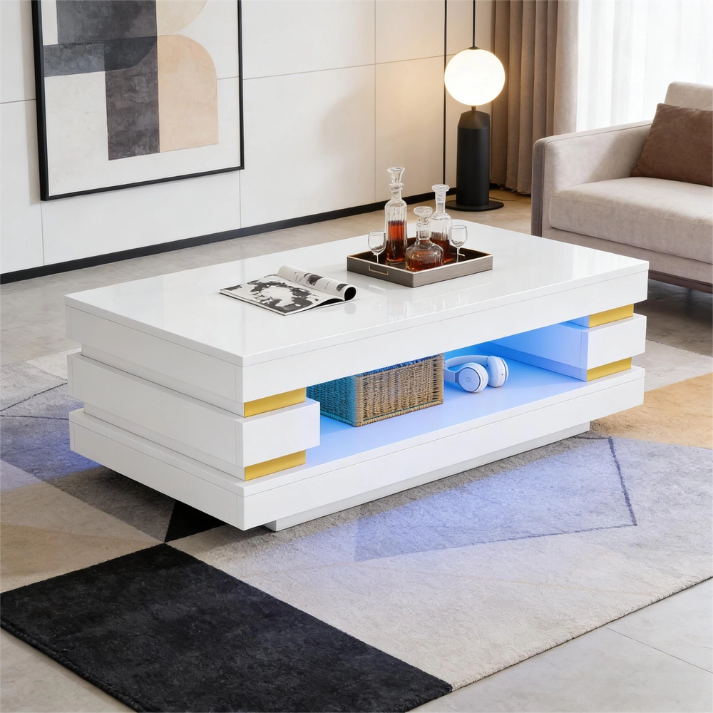 Tavolino da Caff¨¨ con Vano Contenitore e LED ¨C Xylo ¨C Truciolato Bianco Lucido, 100x50x35
