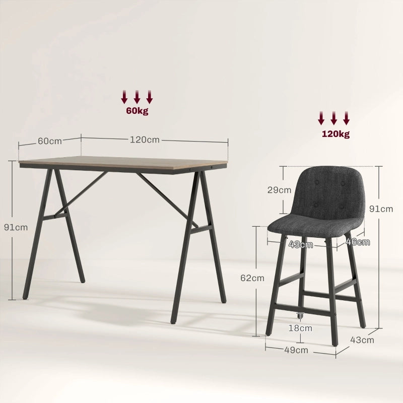 Tavolo da bar con 4 sgabelli, seduta imbottita, effetto lino, per cucina e sala da pranzo, 120 × 60 × 91 cm