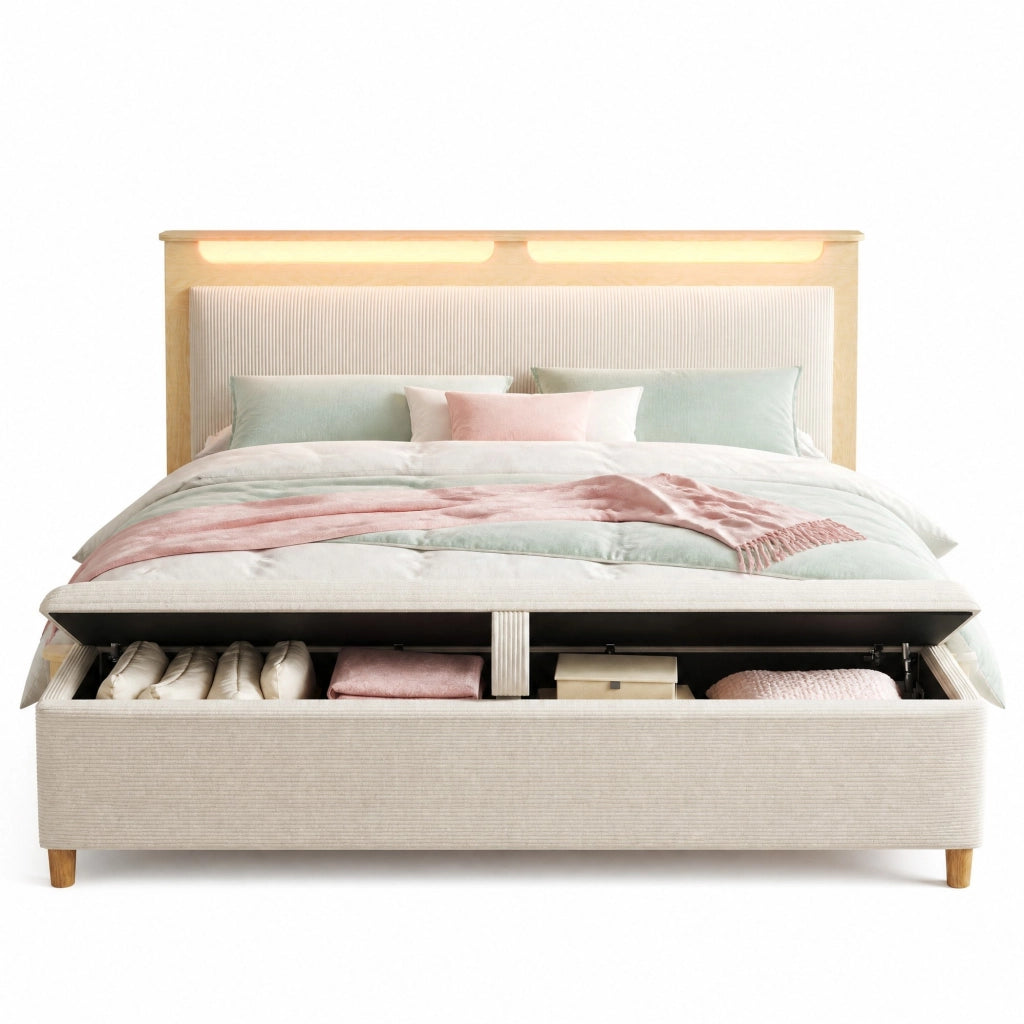 Letto matrimoniale 140x200 cm in legno effetto rovere chiaro con testiera LED, panca contenitore e materasso