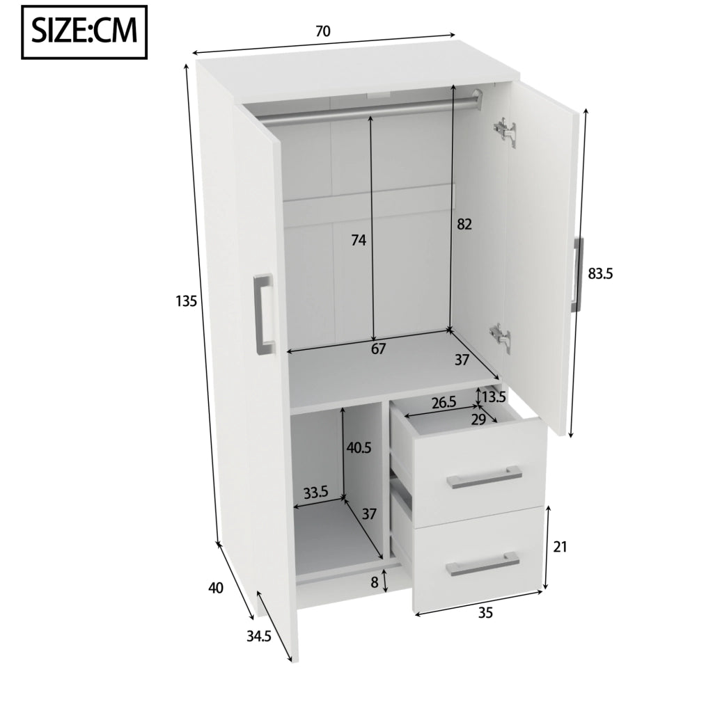 Armadio con 2 ante e cassetti 70x40x135 cm in legno; bianco e naturale