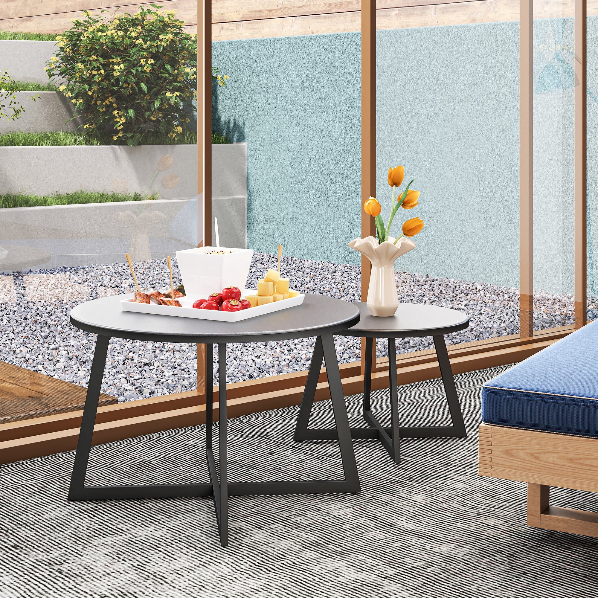 Set 2 Tavolini per Esterni Ø70x45 cm e Ø50x35 cm con Piano in Vetro Grigio