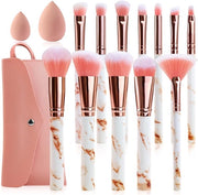 Set di pennelli per trucco 12 pezzi - Pennelli professionali a setole di marmo rosa - Sfumini - Pennelli a riz - Vegan - Maniglie in pelle lussuosa - Pennelli per trucco