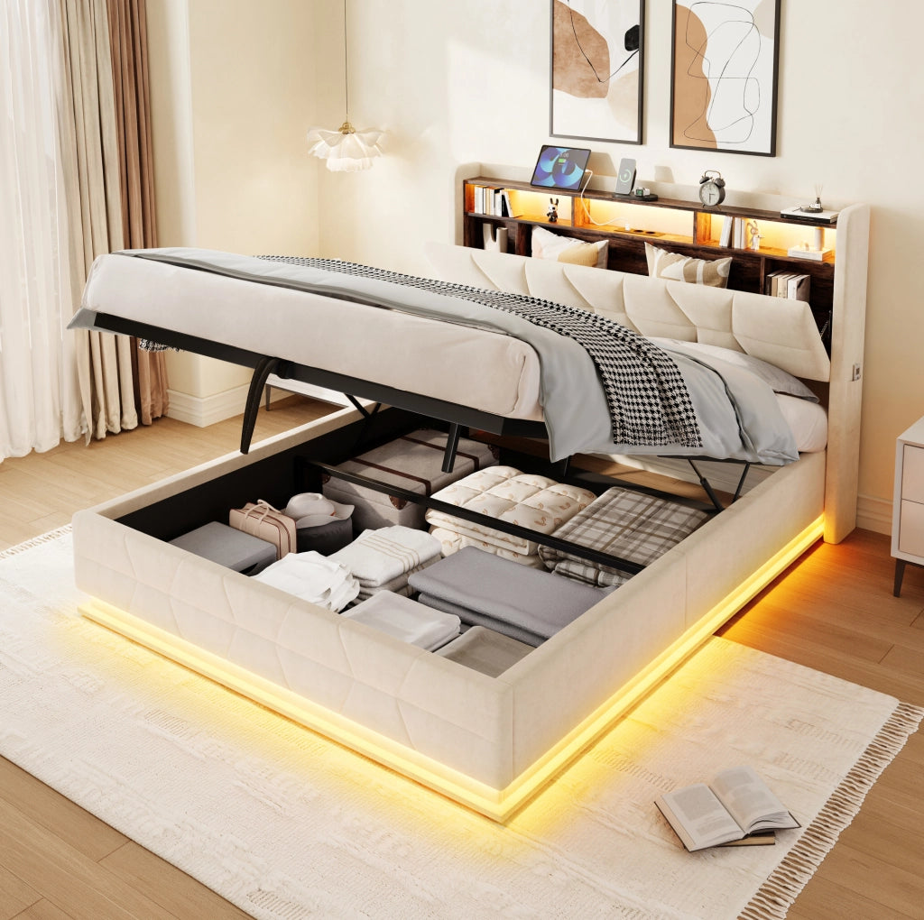 Letto matrimoniale 140x200 cm in velluto beige con LED; contenitore nella testiera e presa USB Type-C