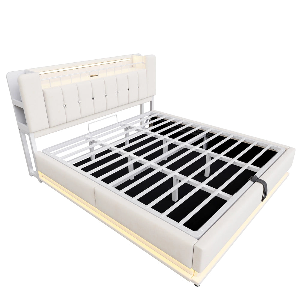 Letto Contenitore 180x200 cm; con USB e LED; in Tessuto Imbottito; Beige
