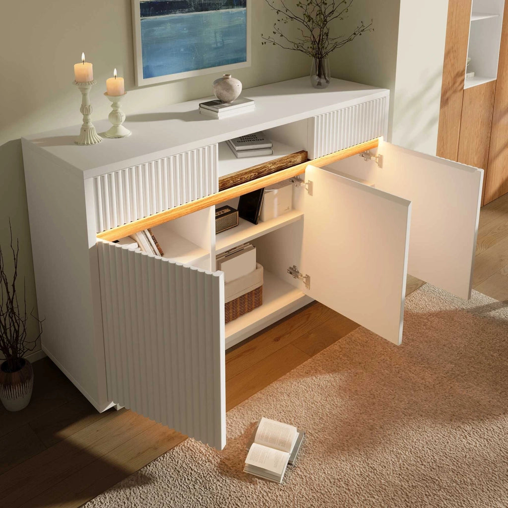 Credenza LED 140x40x85 cm bianca con 3 ante; 2 cassetti e ripiani regolabili