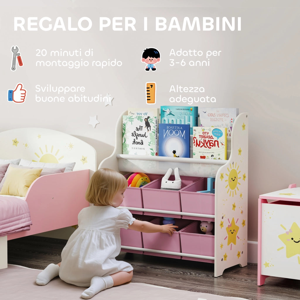 Scaffale Portagiochi con 6 Cassetti in Tessuto e Libreria a 2 Livelli, in Legno e Acciaio, 63x30x71 cm, Rosa
