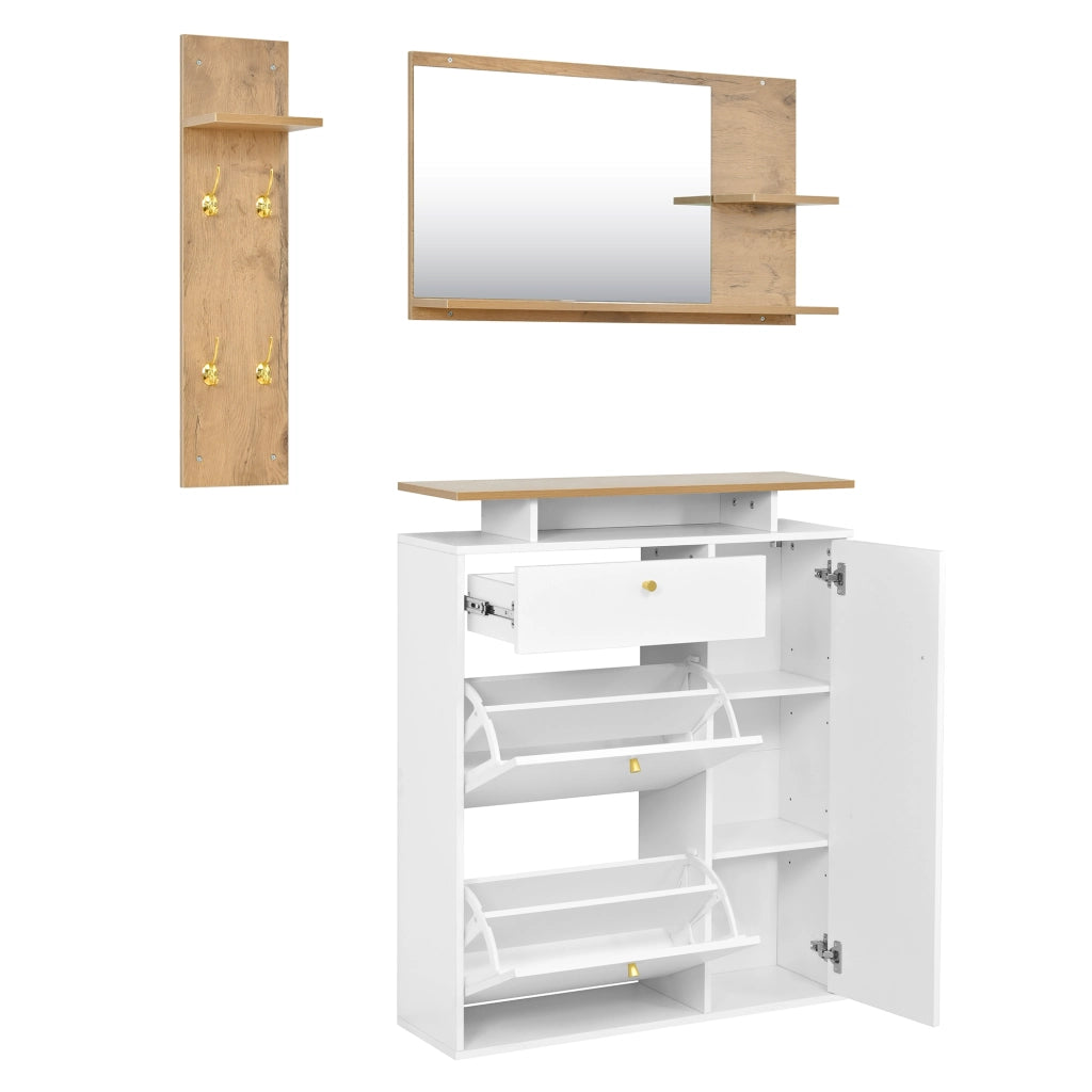 Set Ingresso 3 Pezzi con Specchio, Appendiabiti LED, Ganci e Scarpiera ¨C MINIMAL ¨C Bianco/Naturale 105x25x151.5 cm