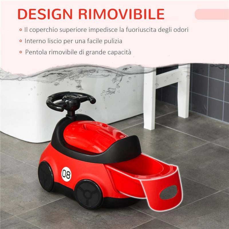 VASINO PER BAMBINI DA 6 MESI A 3 ANNI A FORMA DI MACCHINA CON VOLANTE E VASCHETTA RIMOVIBILE, ROSSO