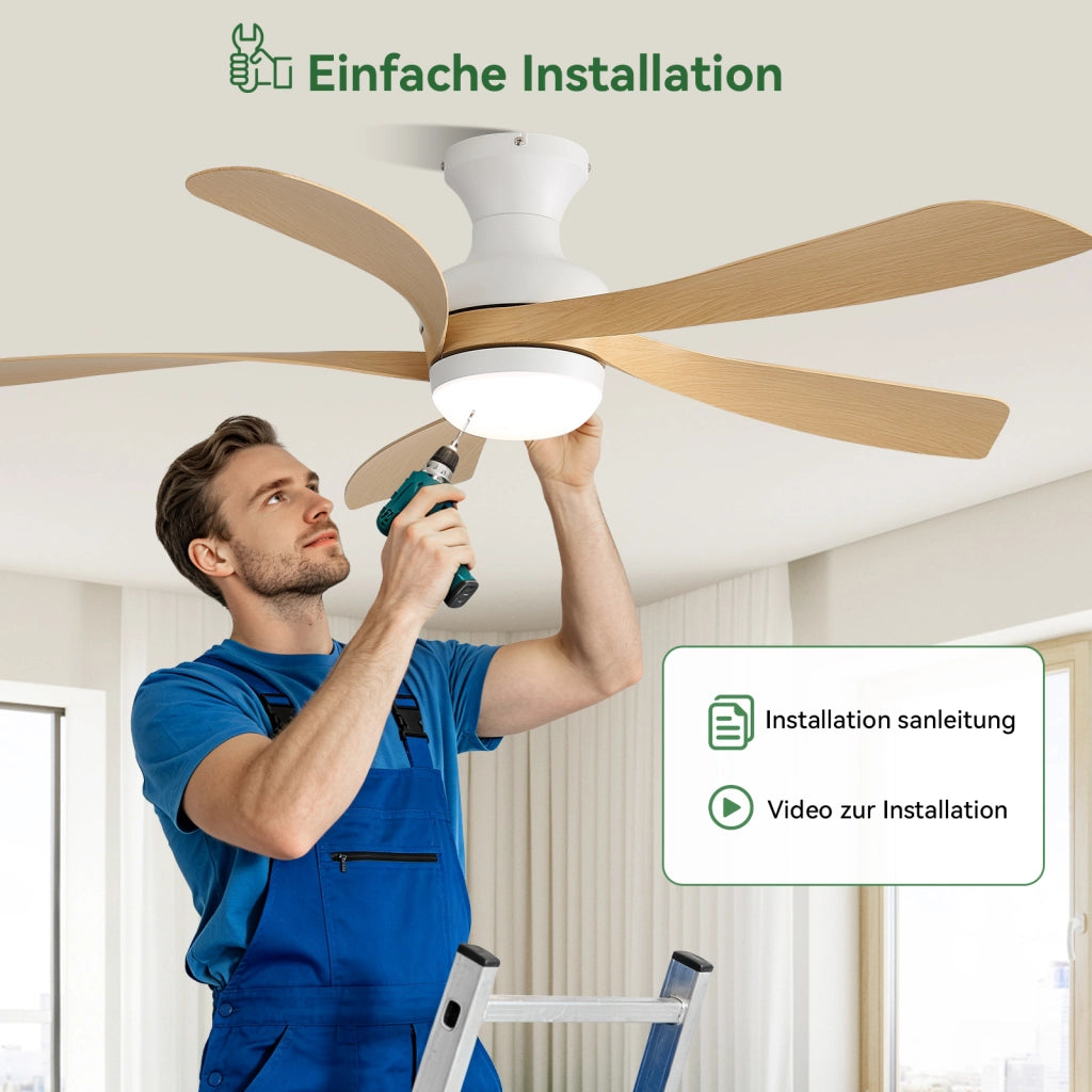 Ventilatore da soffitto bianco con LED dimmerabile, motore DC silenzioso e telecomando