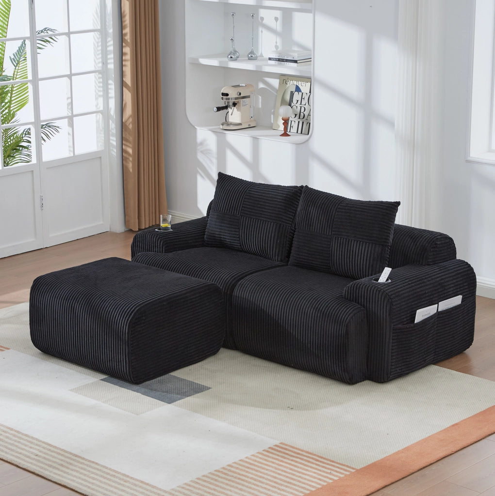 Divano modulare a 2 posti in corduroy nero con portabicchieri e tasca laterale; 200x174x80 cm