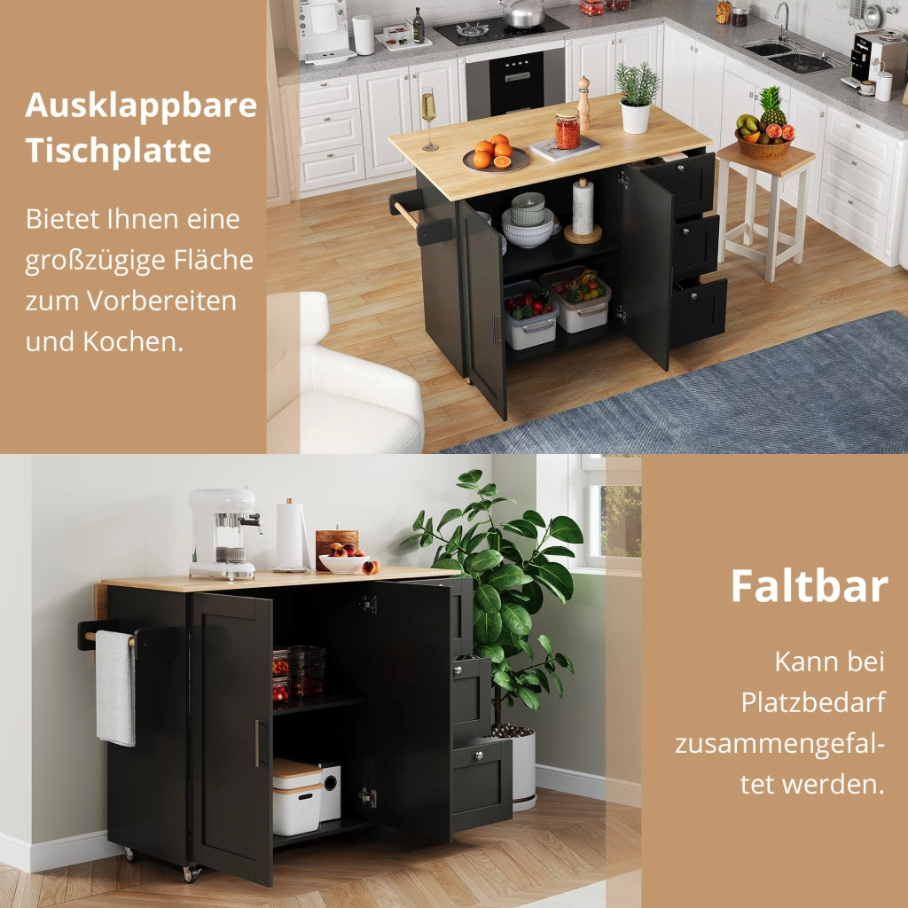 CARRELLO CUCINA Pieghevole 135x44(70)x90 cm MDF Nero e Naturale