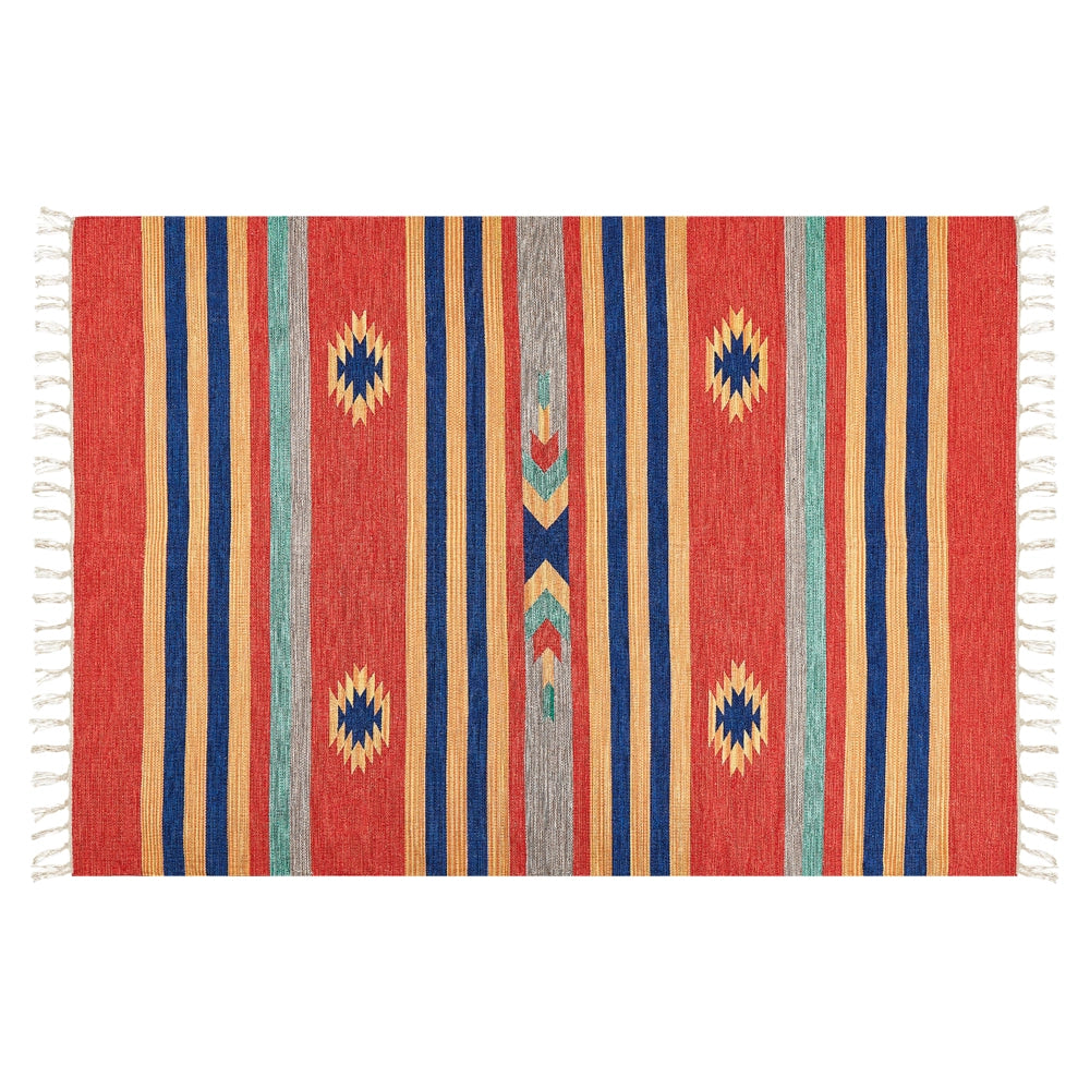 Tappeto Kilim multicolore in cotone 140 x 200 cm tessuto a mano a trama piatta reversibile con motivi geometrici e frange, tradizionale Boho, per il soggiorno e la camera da letto.