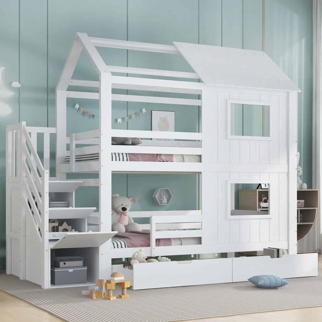 Letto a Castello 90x200 cm con Scala Contenitore; Cassetto su Ruote; Finestre e Tetto; Bianco