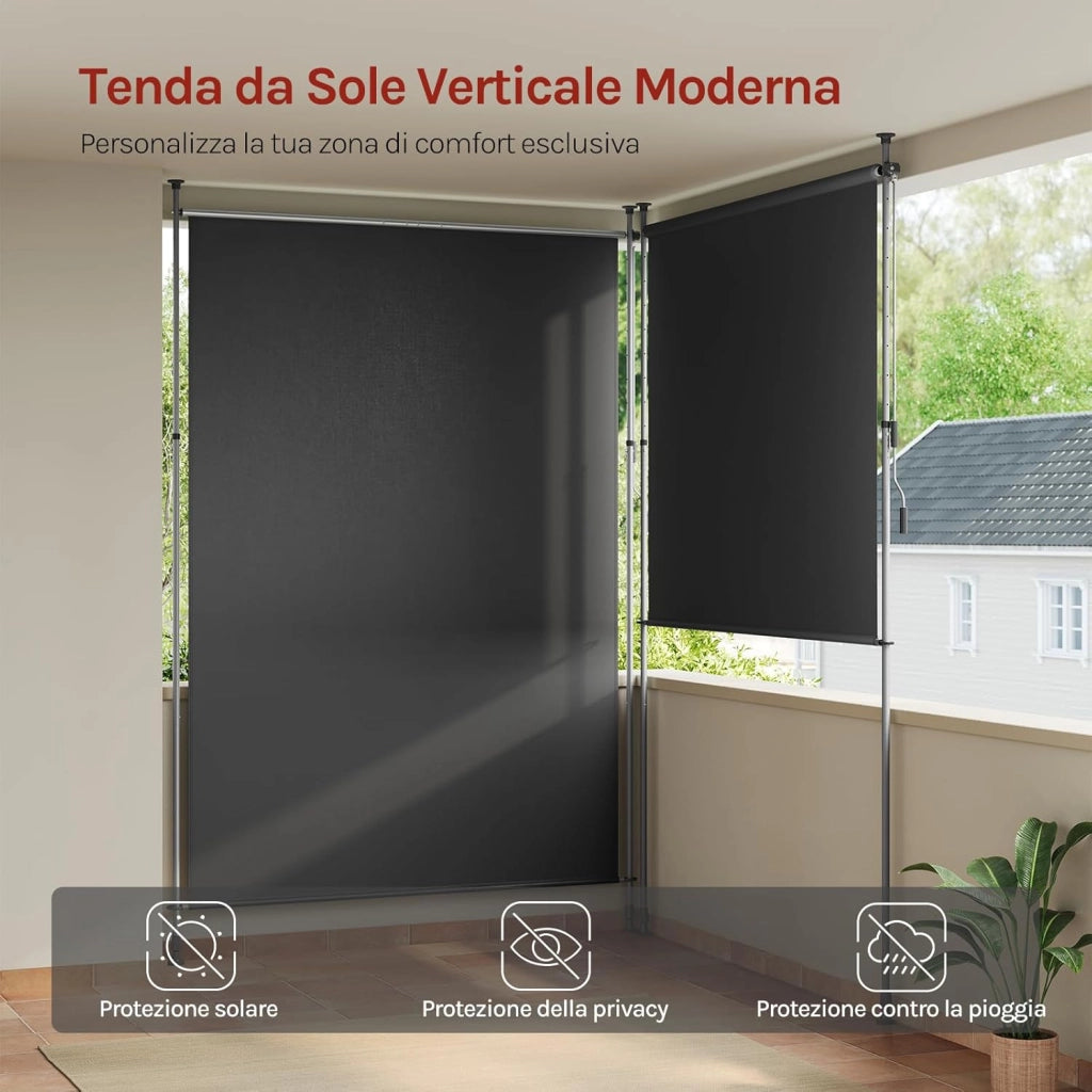 Tenda da Sole Verticale con Manovella, 200x310 cm, Frangivista da Esterno Estensibile, Oscurante, Protezione Solare, Resistente alle Intemperie, Montaggio senza Foratura, Grigio