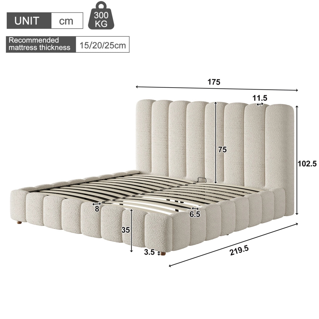 Letto matrimoniale imbottito 160x200 cm con contenitore idraulico; rivestimento Bouclé bianco