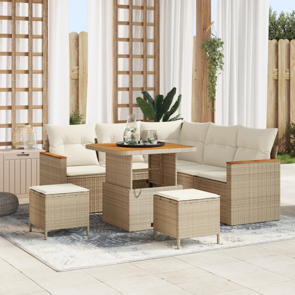 Set Divano da Giardino 8 Pezzi con Cuscini Beige Polyrattan Acacia