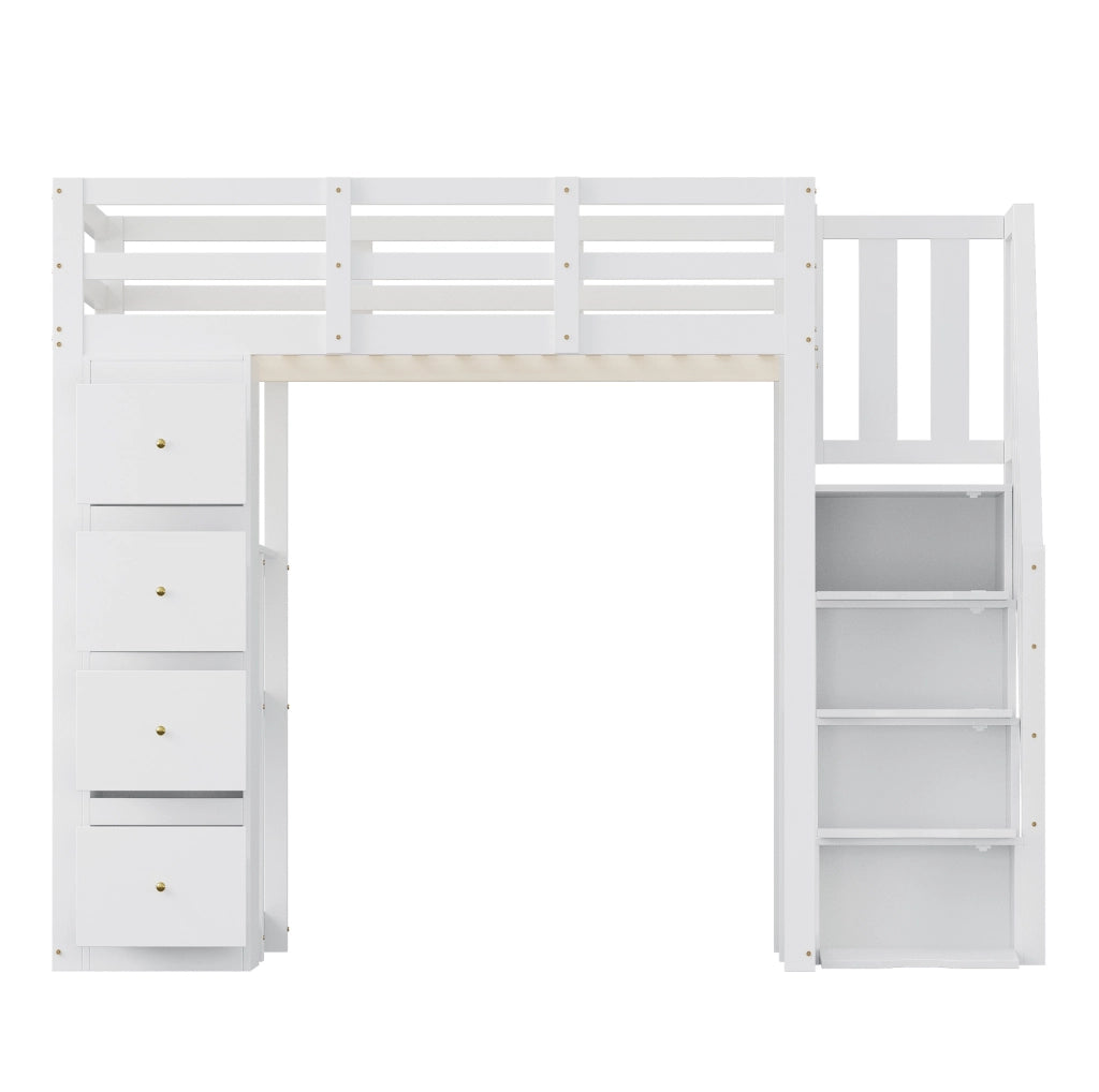 Letto a soppalco ULEVR 140x200 cm bianco con 4 cassetti, scala con cassetti e scaffale