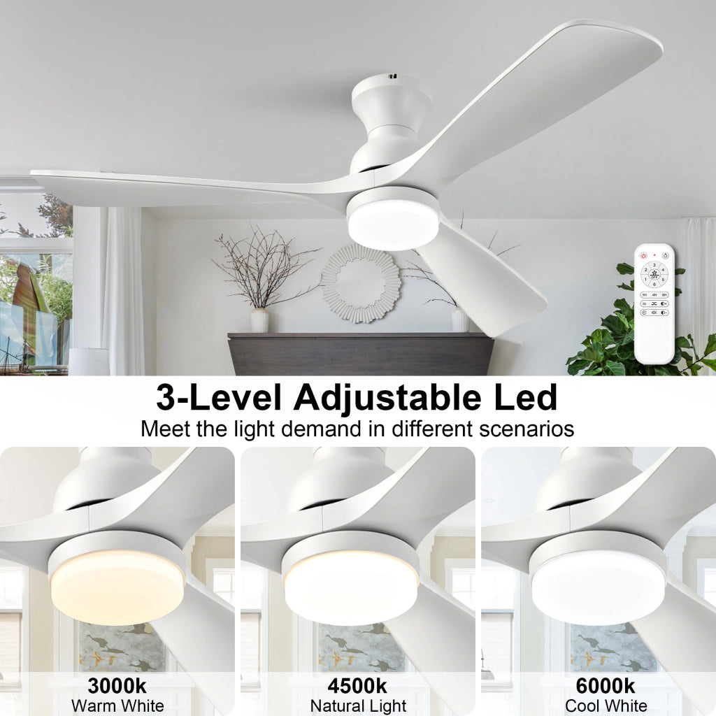 Ventilatore da soffitto bianco 52 pollici con illuminazione e telecomando, 3 pale legno massello, 3CCT dimmerabile, 6 velocit¨¤ silenzioso