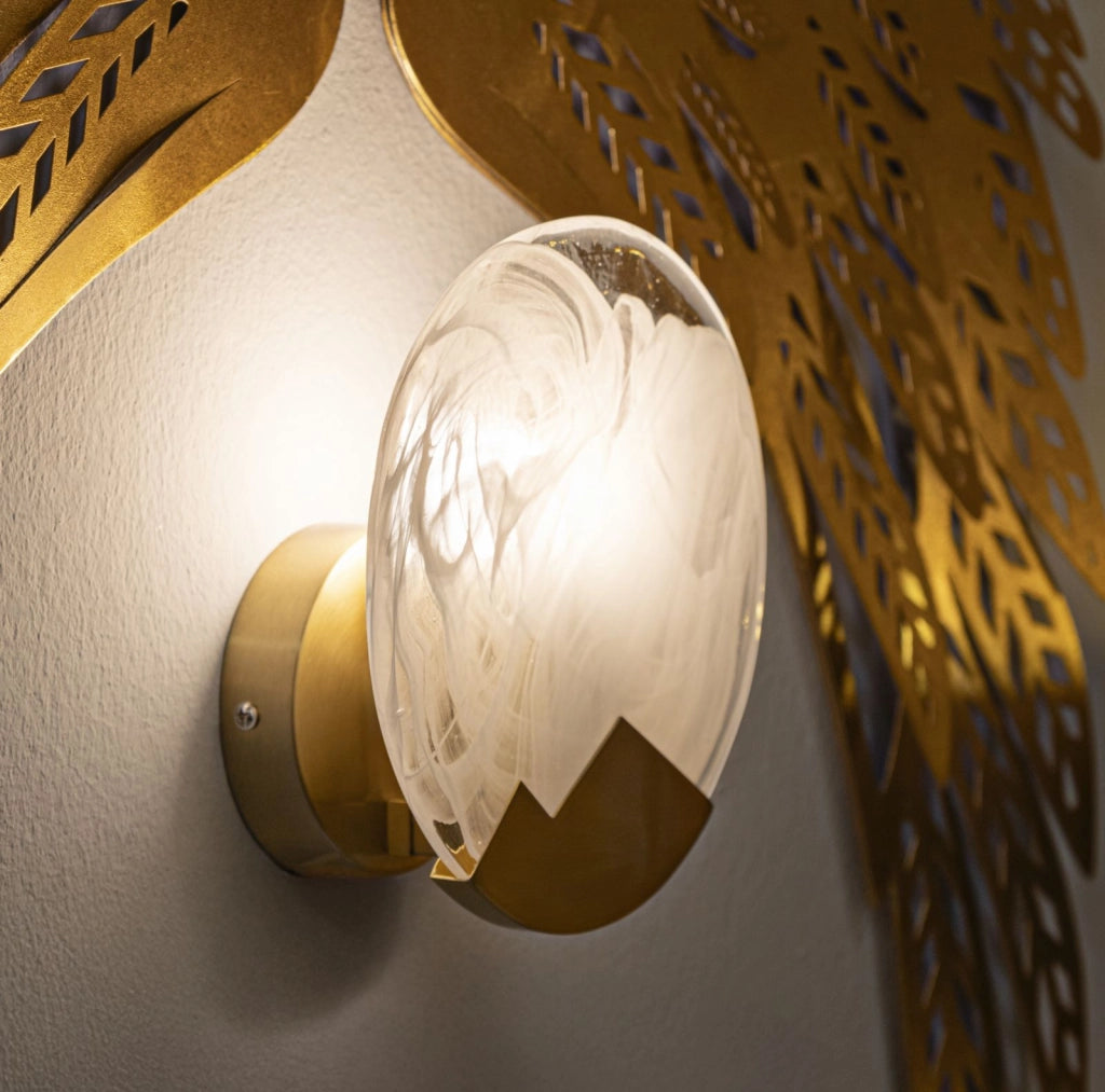 Lampada da Muro Moon Ø20x10 cm in Vetro e Ferro Oro e Bianco