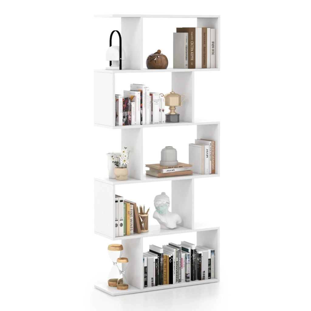 Scaffale a 5 ripiani con dispositivo antiribaltamento-Libreria geometrica a forma di S Bianco