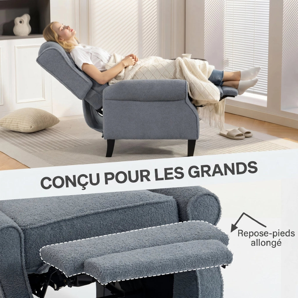 Fauteuil Inclinable en Polaire Teddy Repose-Pieds Extensible Gris