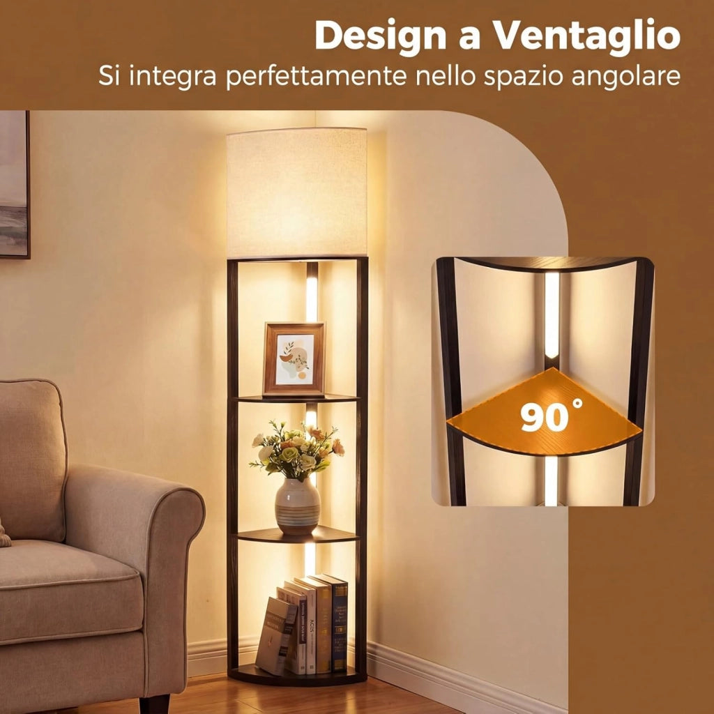 Lampada da Terra Angolare con Mensole, Scaffale a 3 Ripiani con Luci LED Dimmerabili, Paralume in Lino e Interruttore a Pedale, Piantana da Terra per Camera da Letto, Salotto e Studio