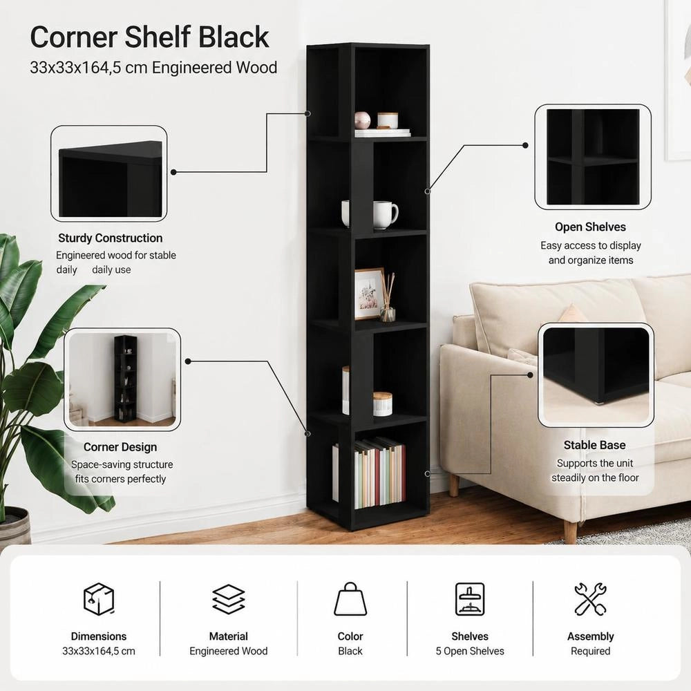 Corner Shelf, Black, 33x33x164.5 Cm, Wood-based Material