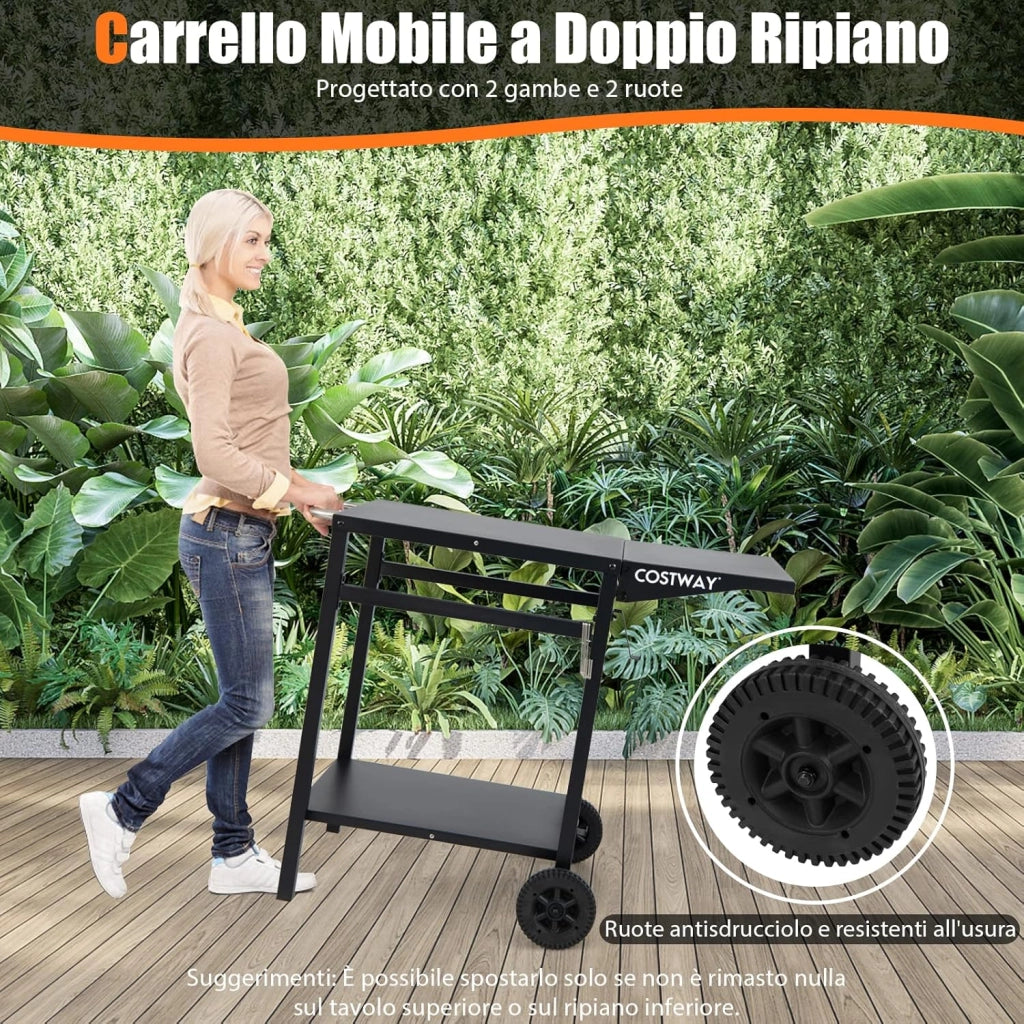 Carrello per Barbecue, Carrello di Servizio con Ruote e 4 Ganci, Pannello Laterale Pieghevole, Carrello Cucina Multiuso per Forno da Pizza, per Casa Cortile Patio e Giardino