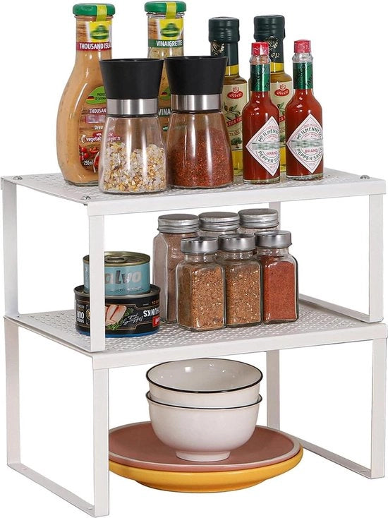 Set di sostegni per armadi cucina - set di 2 ripiani per spezie in metallo - tavolo da cucina verticale - espandibile e stivabile - organizzatore per piatti - ripiano per caffè bianco