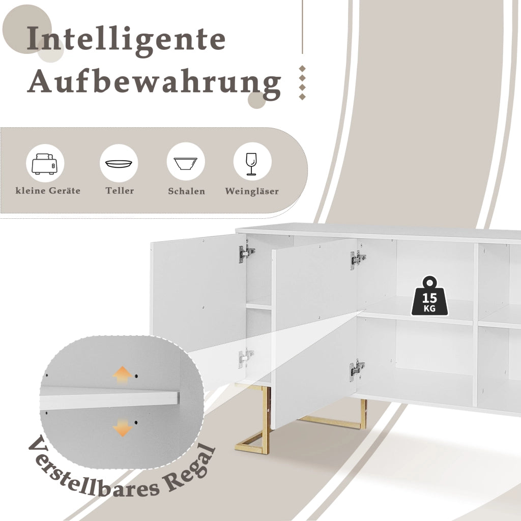Credenza a 3 ante con ripiani regolabili e base in metallo per soggiorno cucina e sala da pranzo; bianco