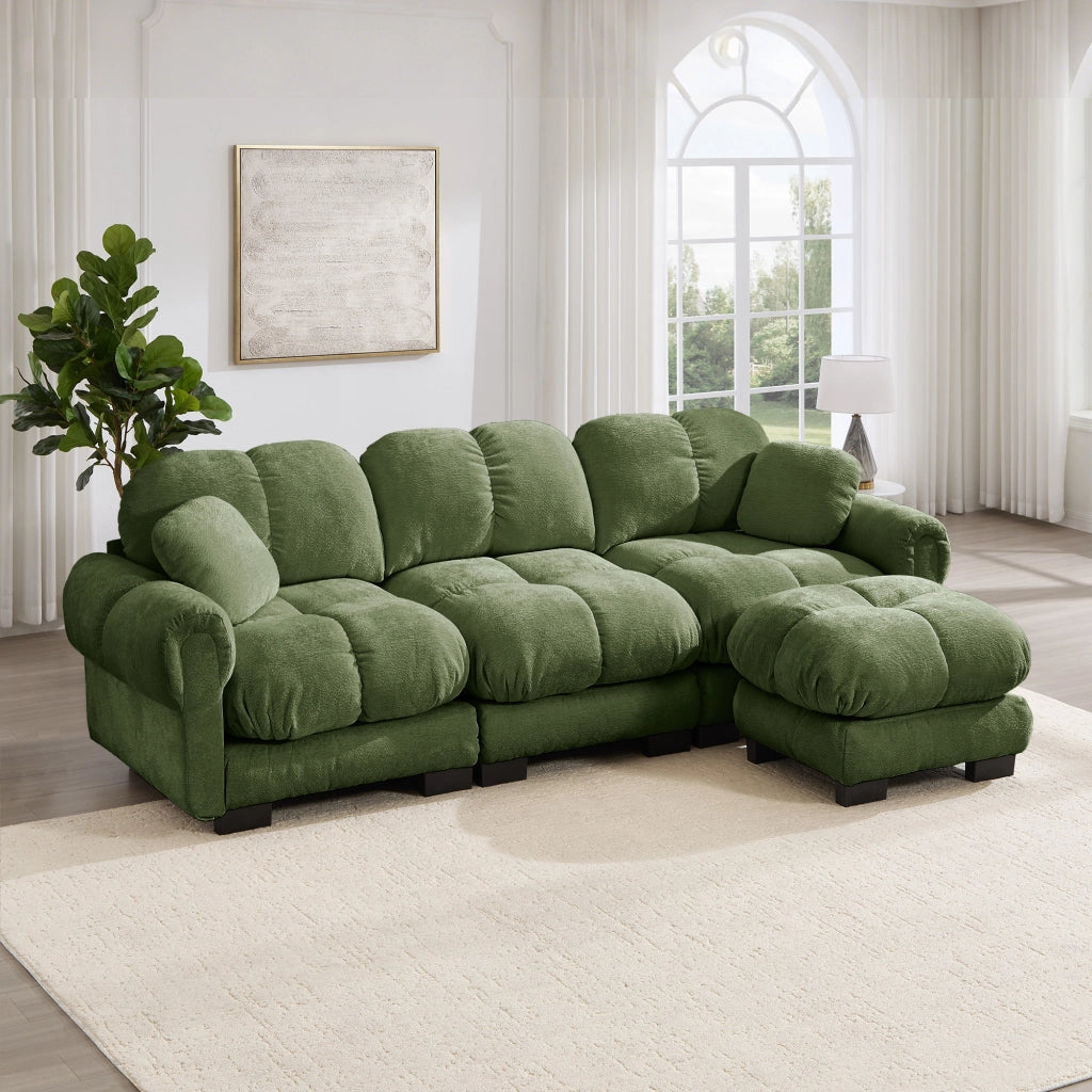 Divano angolare 3 posti con pouf mobile e 2 cuscini, schienale curvo, in ciniglia, Verde