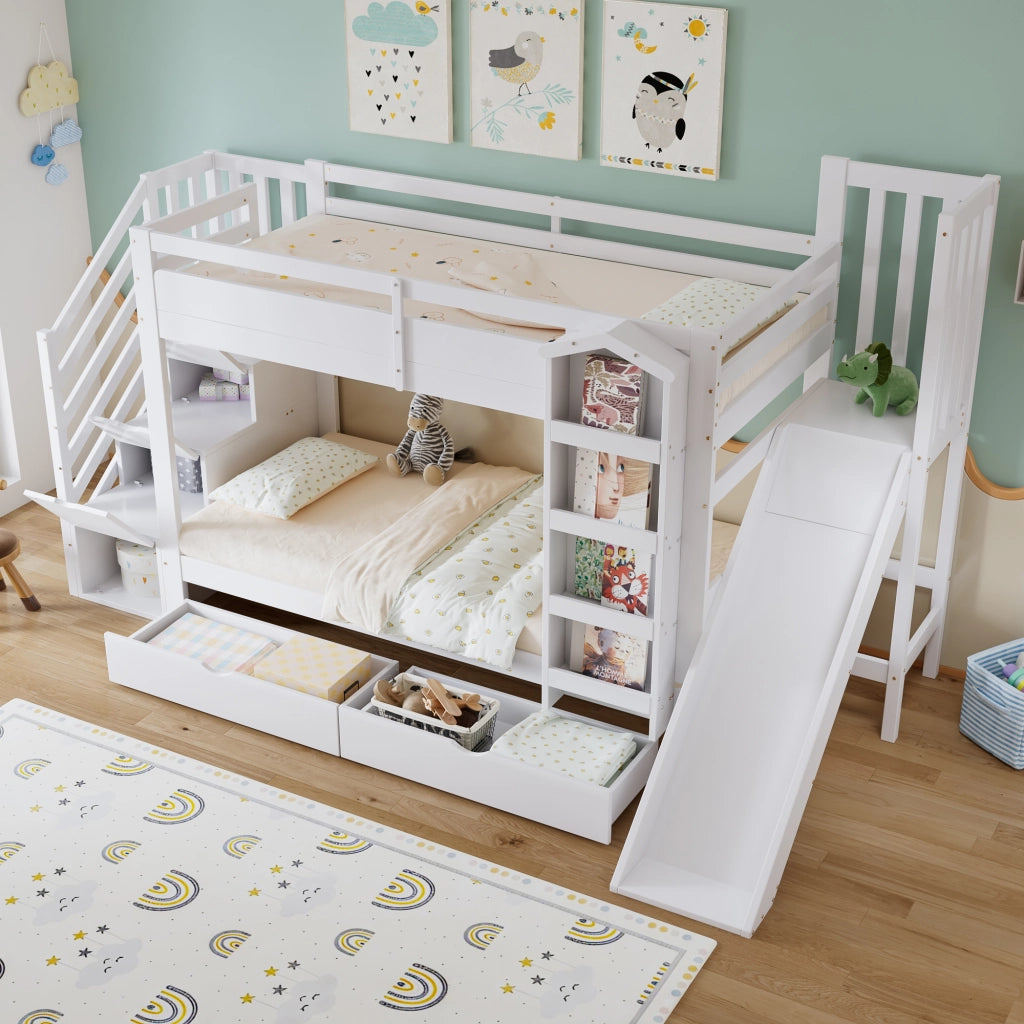 Letto a Castello 90x200 cm - Scivolo; Scaffale e 2 Cassetti - in Legno e MDF - Bianco