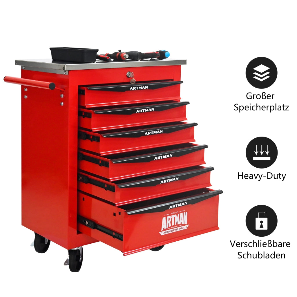 Carrello portautensili con 6 cassetti e ruote, chiudibile, in acciaio, per garage e officina, rosso nero, 62,5 × 34,5 × 78 cm