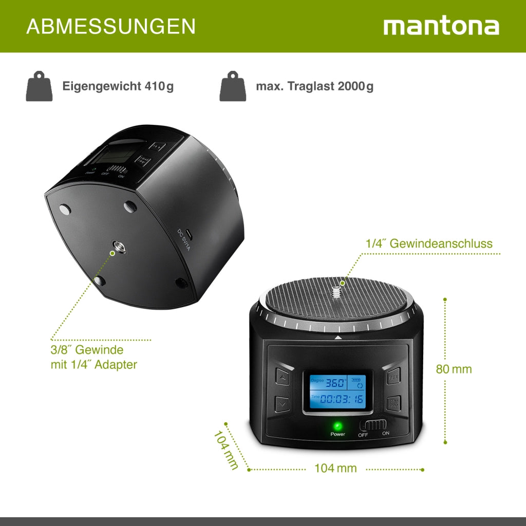 Mantona Electric 360° Panorama Head - Testa per treppiede programmabile per time-lapse e riprese intervallate, capacità di carico di 2 kg, testa panoramica ideale per GoPro e gli smartphone