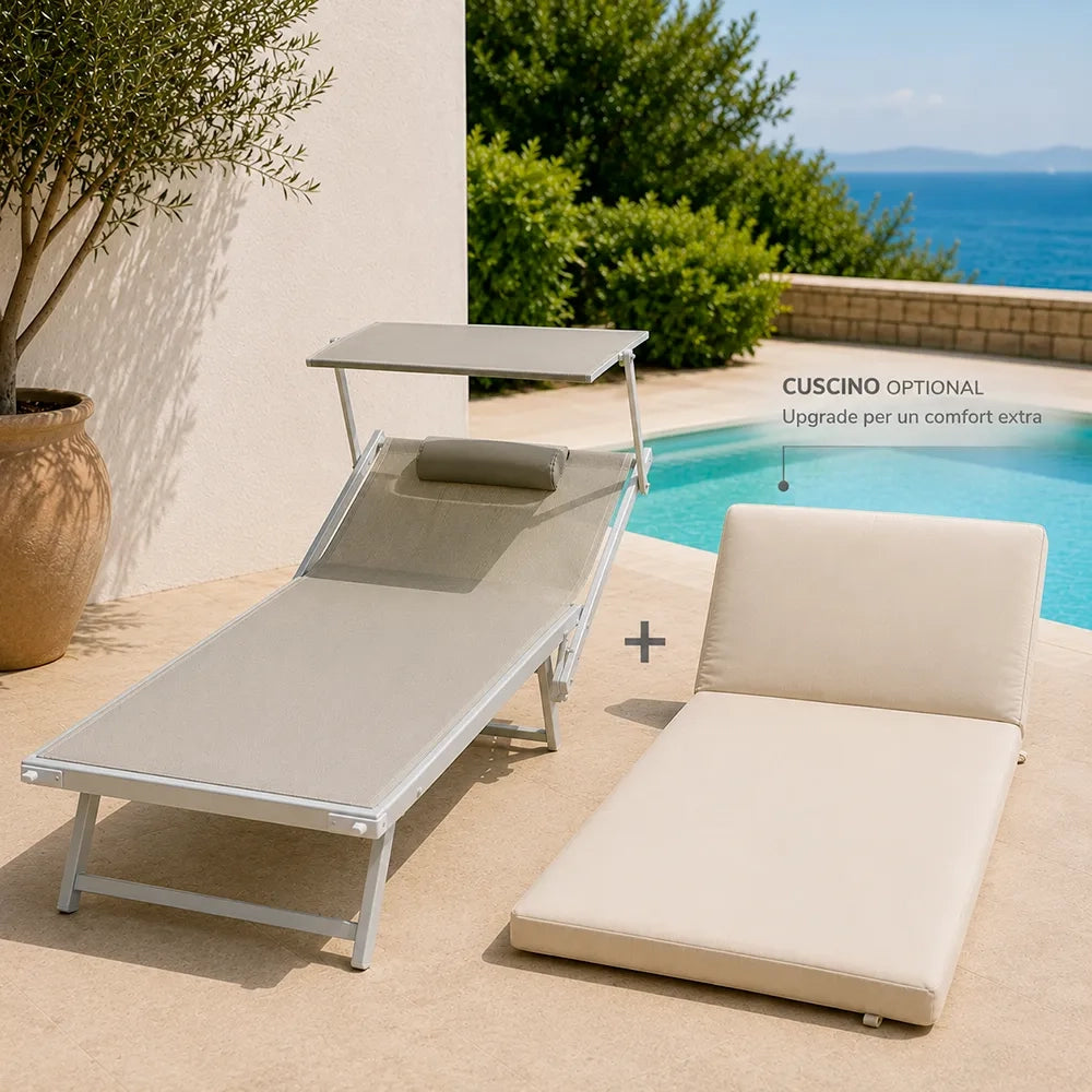 Cuscino per lettino da esterno 193x84 cm con schienale reclinabile e velcro in poliestere – Avorio