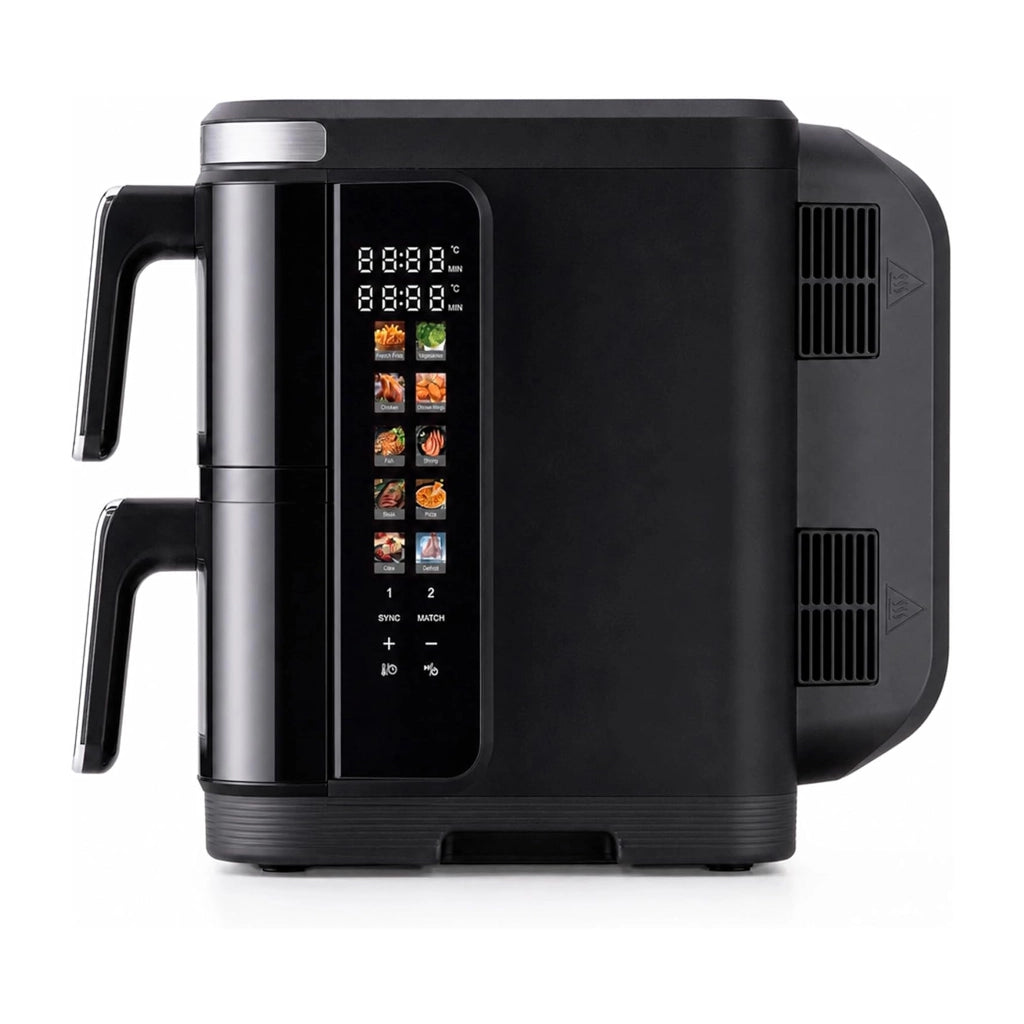 Friggitrice ad Aria 11 Litri Doppio Cestello 2800W, 5,5+5,5L con Separatori, 4 Piani di Cottura, Display LED Touch Richiudibile, 12 Programmi, Doppia Cottura Indipendente, Timer, 60-200°C