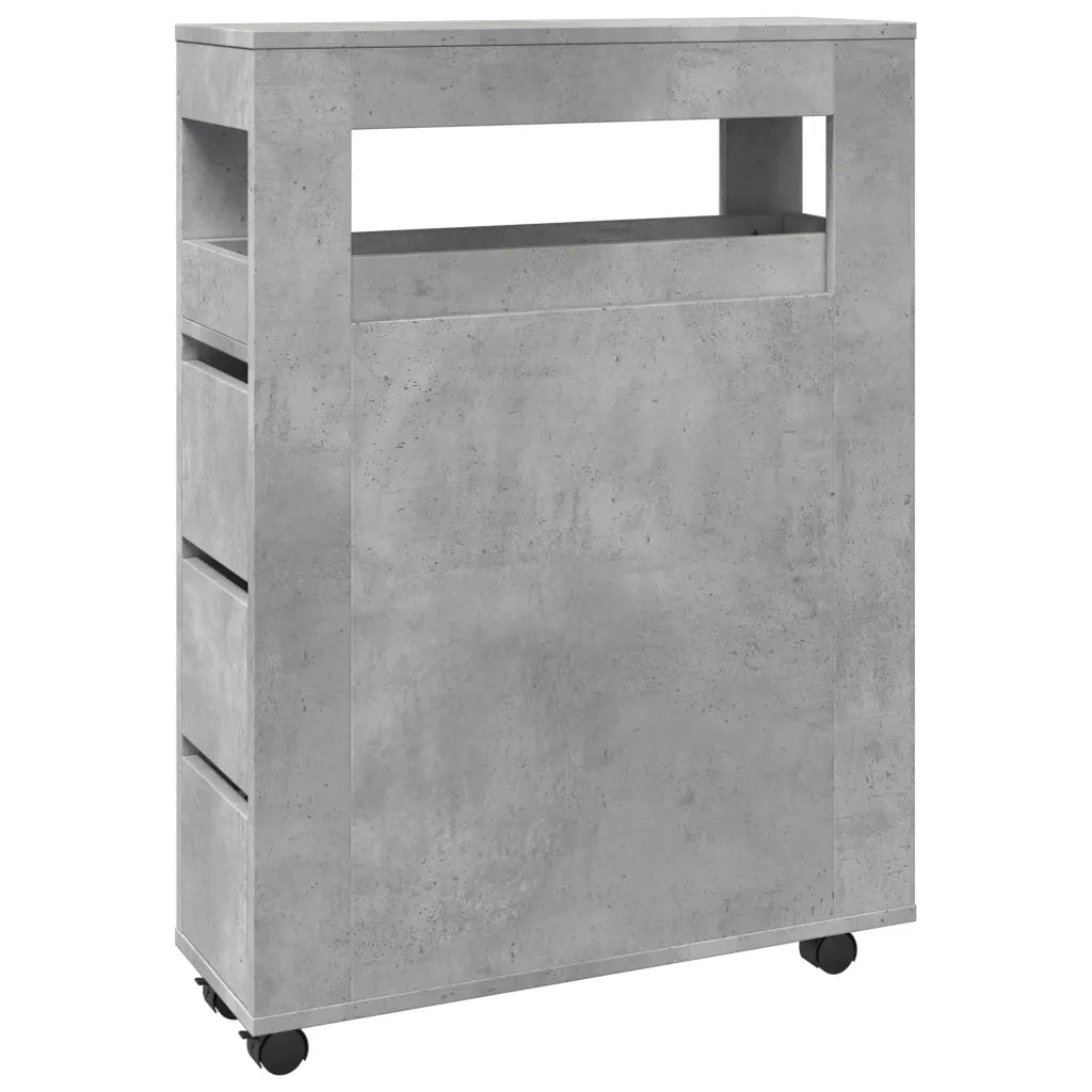 Mobile da Bagno Stretto con Ruote Grigio Cemento in Truciolato