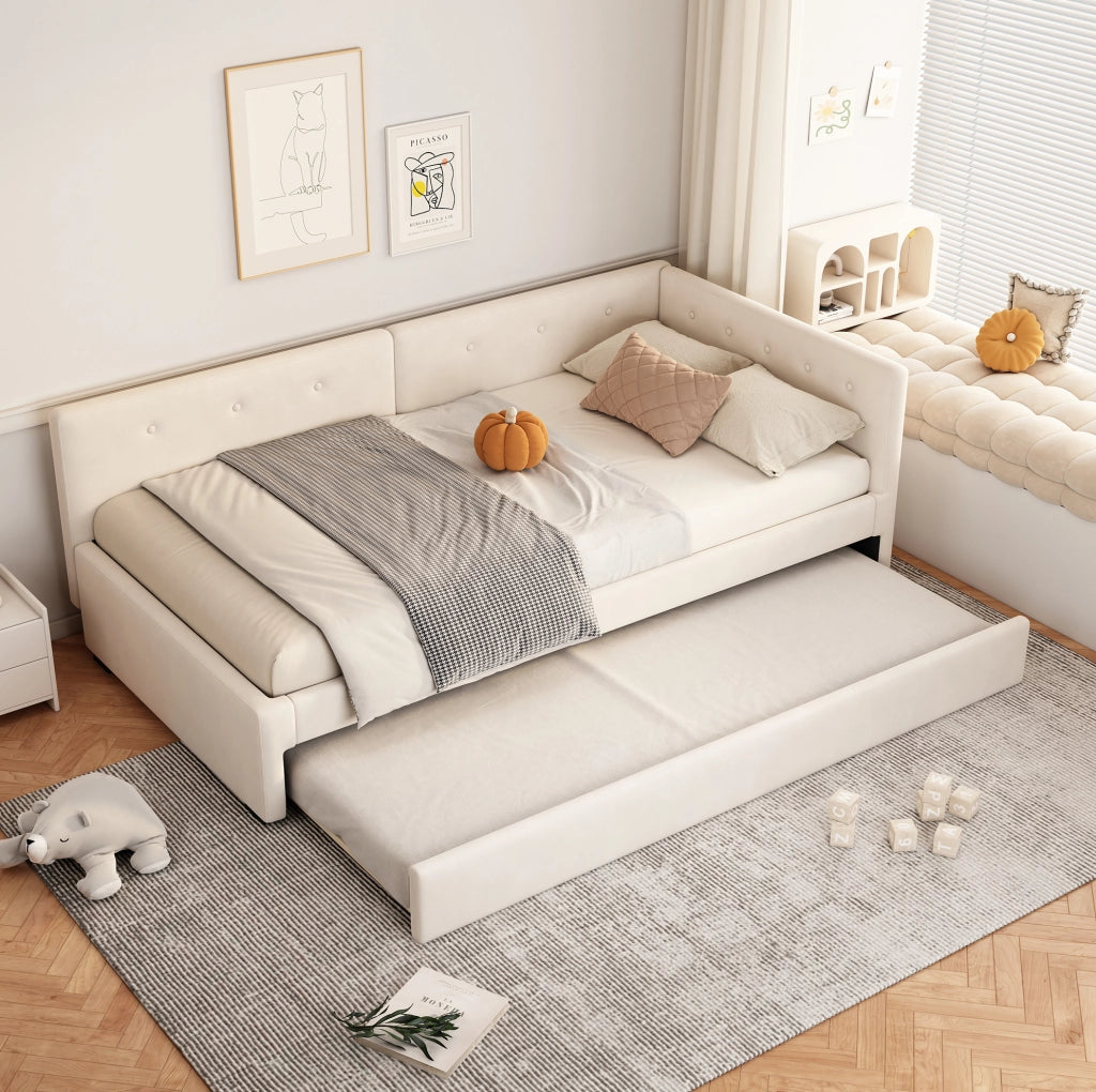 Letto singolo imbottito 90x200 cm con letto estraibile beige